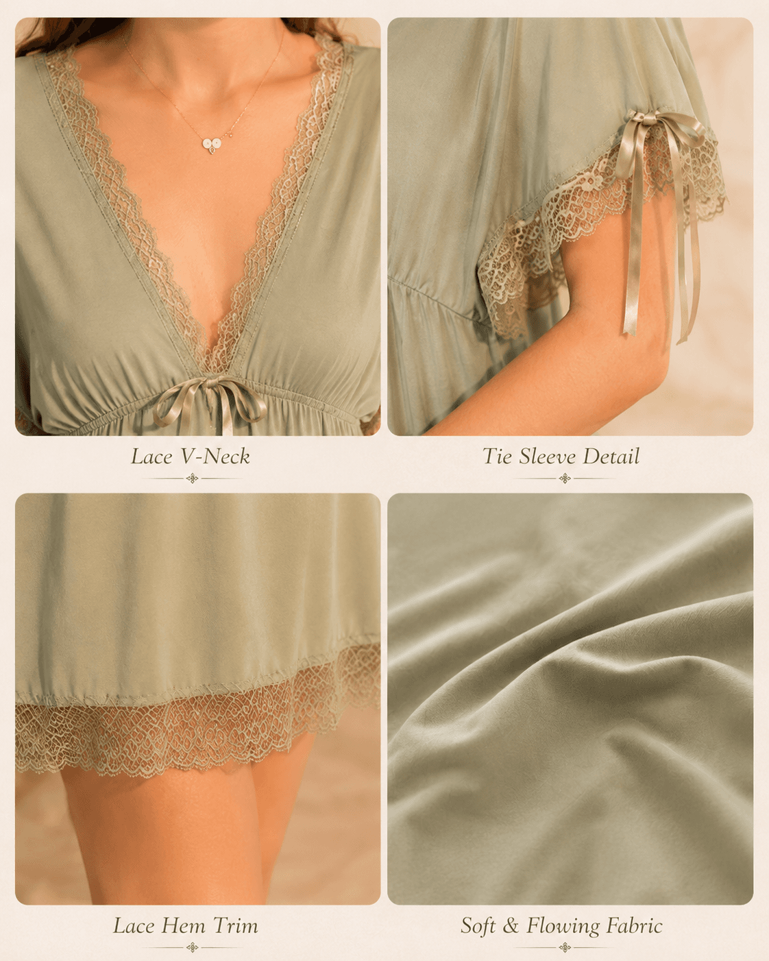 Serene Lace Lounge Chemise in sage with relaxed V-neck and lace trim details 4